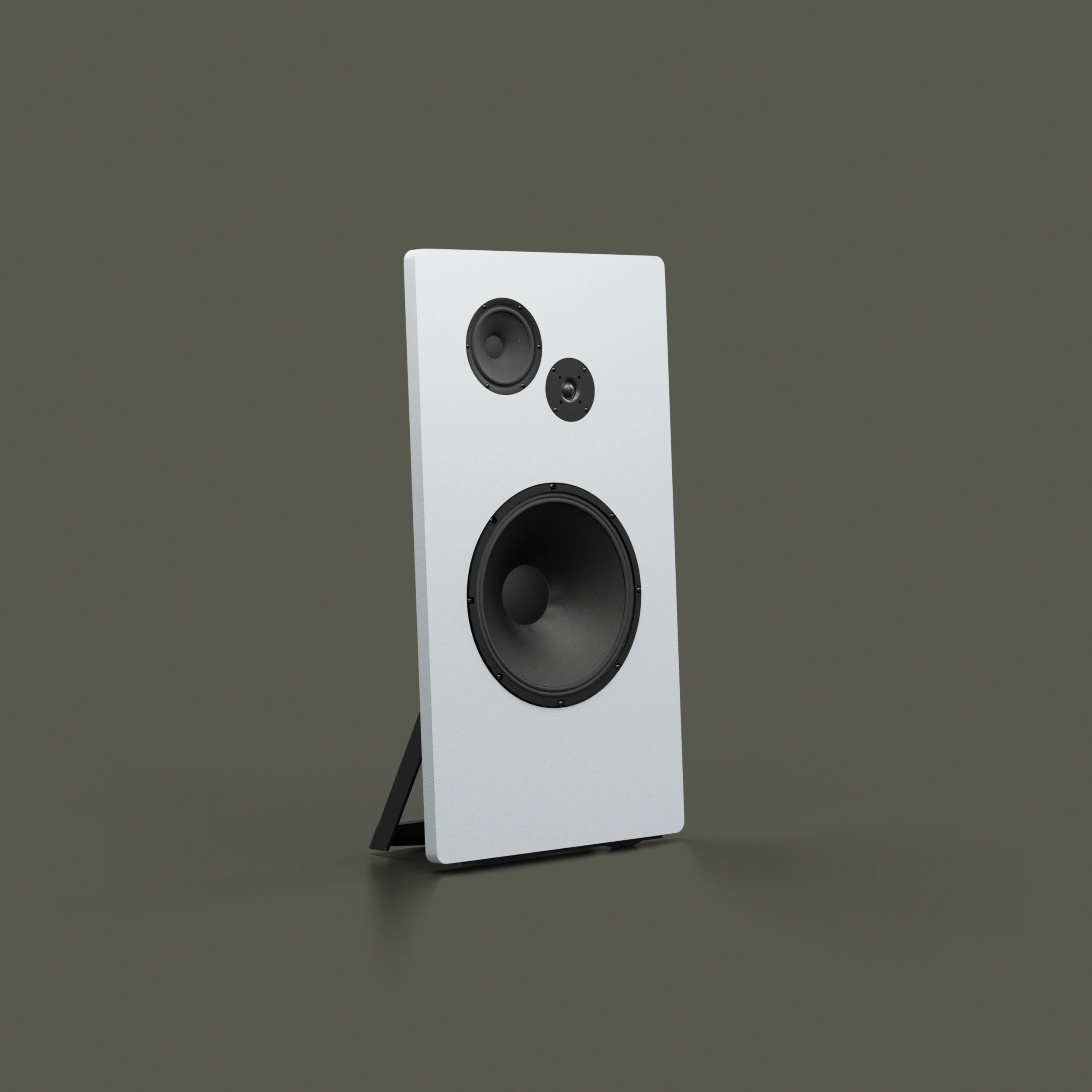 White rectangular speaker with three black speaker cones against a gray background.