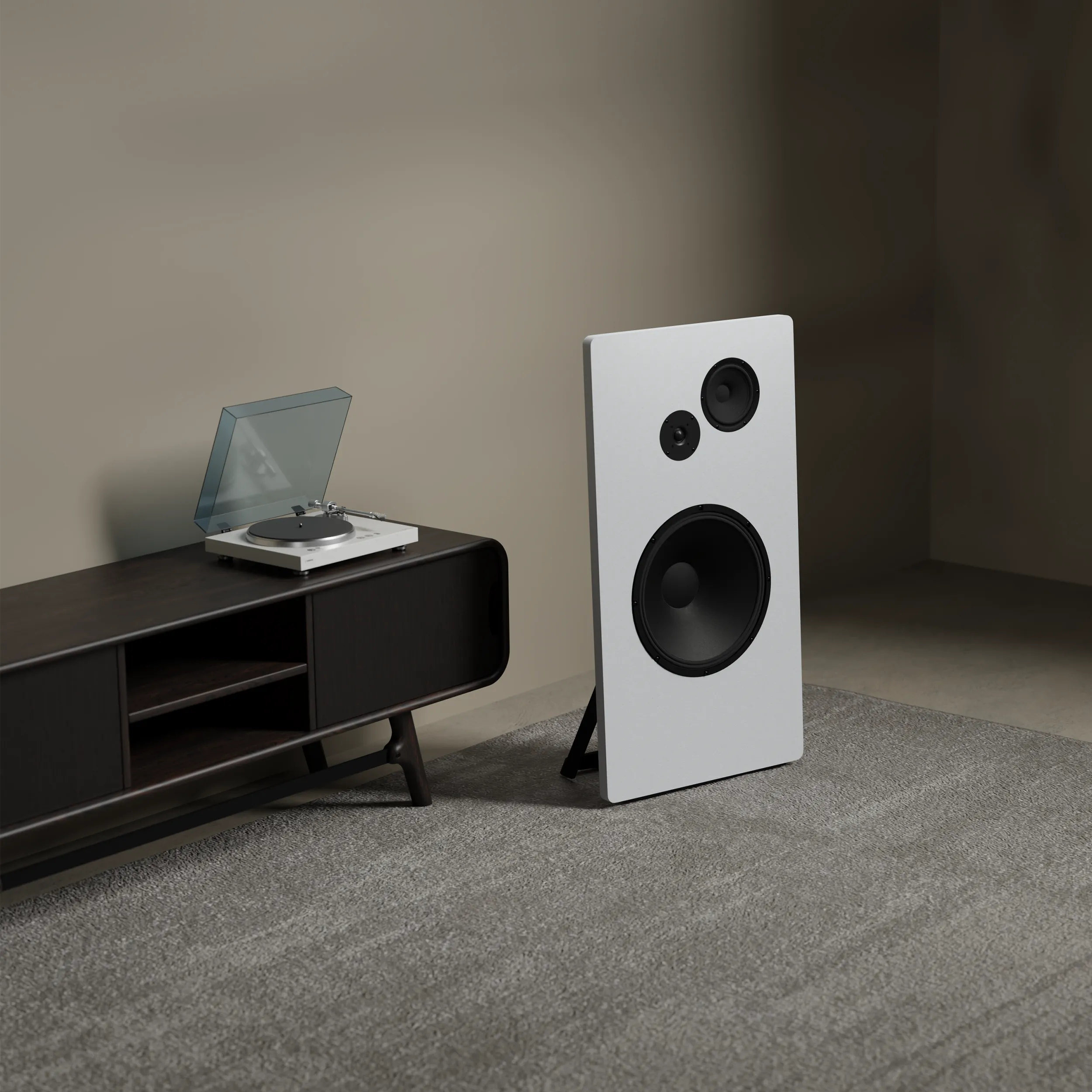 Modern room corner with a white speaker on grey carpet and a dark wooden cabinet with a turntable on top.