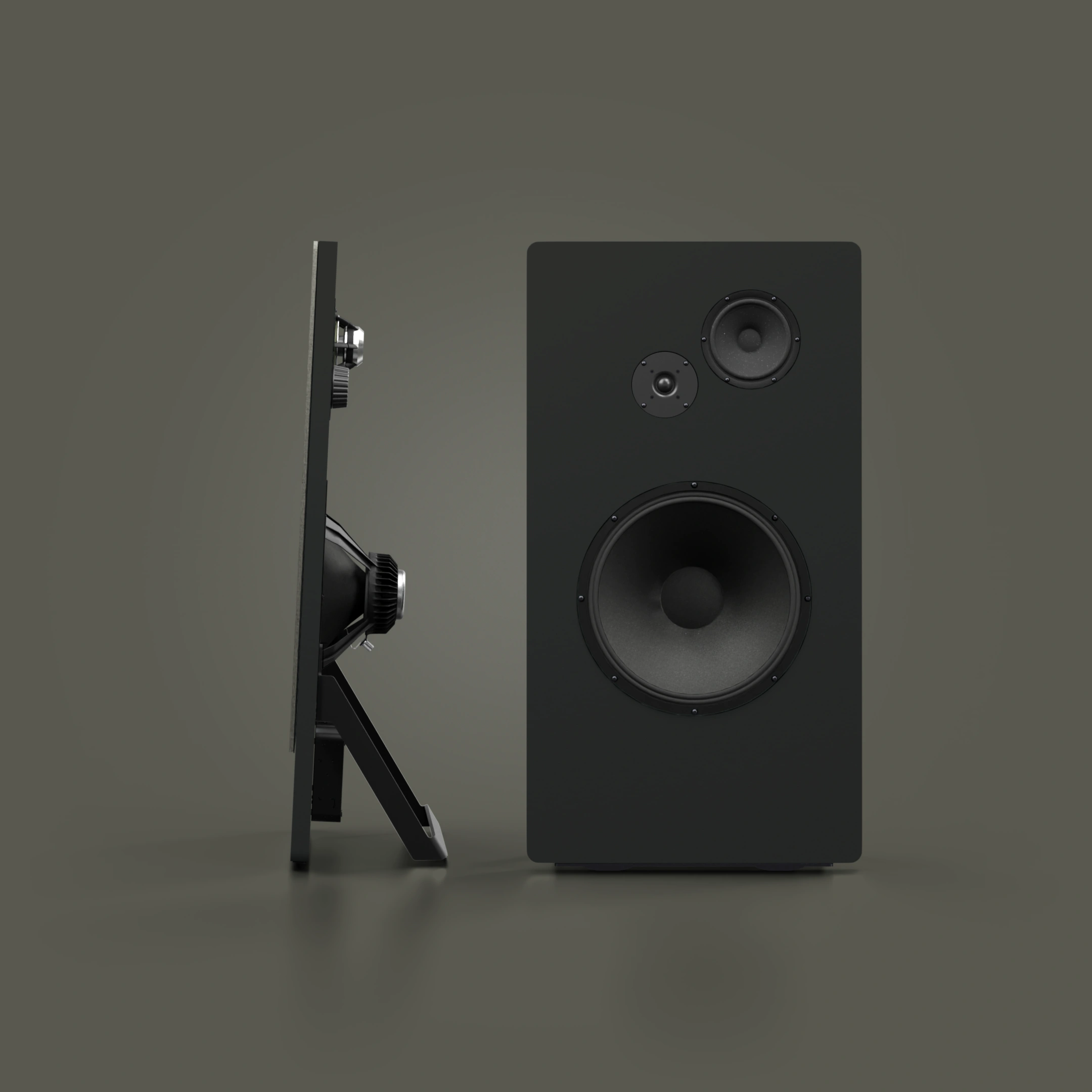 Black rectangular speaker with three drivers shown from front and side angles on a gray background.